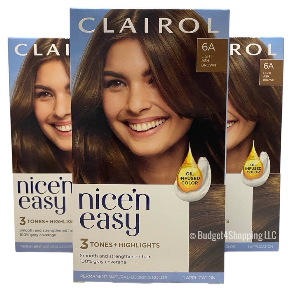 Clairol Nice'n Easy Permanent Hair Dye 6A Light Ash Brown Hair Color, Pack of 3